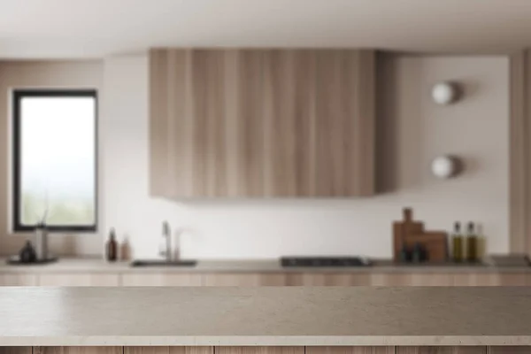 ぼやけた木製の台所のインテリア 台所用品 パノラマの窓を背景にベージュの石英石の島 製品表示用のモックアップコピースペース 3Dレンダリング — ストック写真