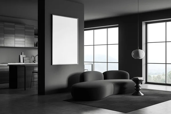 黑暗工作室内部与沙发和酒吧岛与椅子 侧视图 灰色混凝土地板 放松和厨房区 全景农村窗口 调校海报 3D渲染 — 图库照片