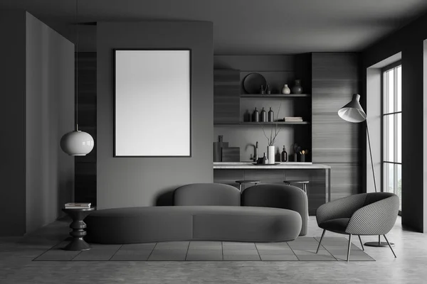 Interior Studio Gelap Dengan Sofa Dan Pulau Bar Dengan Kursi — Stok Foto