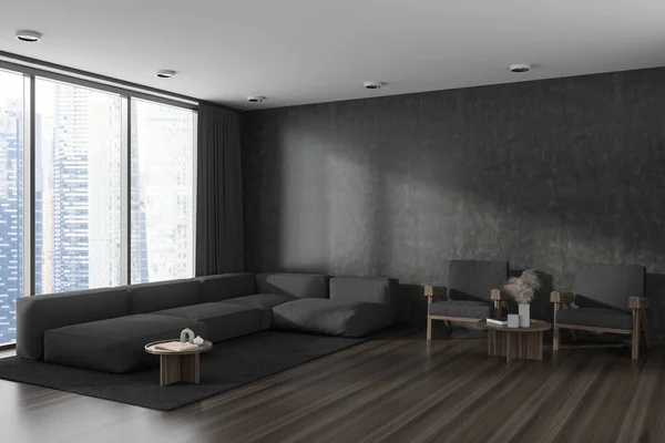 ソファとアームチェア サイドビュー モダンな装飾が施されたコーヒーテーブル 堅木の床と暗い会議室のインテリア シンガポールシティビューのパノラマウィンドウ コピースペースの空の壁 3Dレンダリング — ストック写真