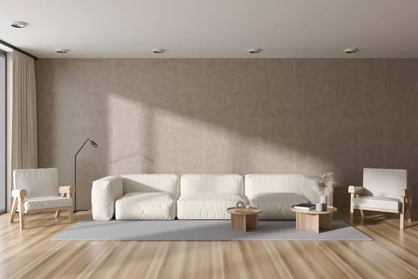 Beige Wohnzimmereinrichtung Mit Sofa Und Zwei Sesseln Couchtisch Mit Minimalistischer — Stockfoto