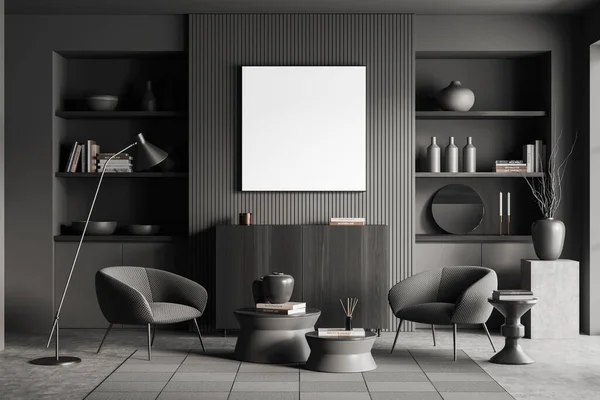 Dunkles Wohnzimmer Mit Zwei Sesseln Und Regal Mit Dekoration Teppich — Stockfoto