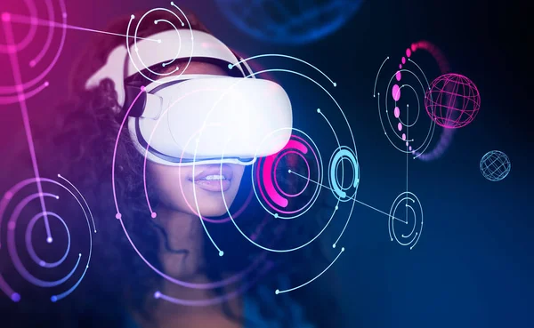 stock image Black woman portrait in vr glasses, colorful glowing abstract metaverse hologram, virtual screen with circuit of connection. Earth sphere and web lines. Concept of digital world