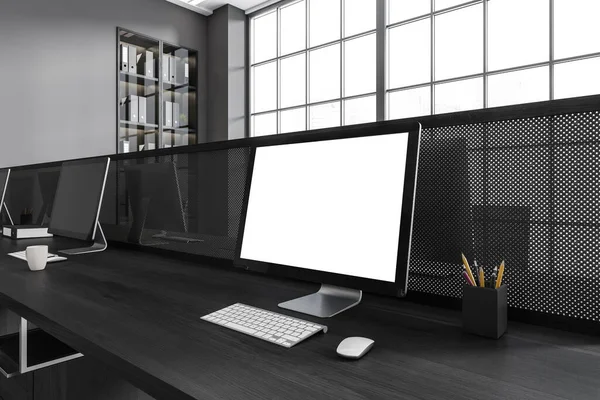 Dark workplace interior with pc computer, desk and shelf with documents. Panoramic window on skyscrapers. Mockup blank screen. 3D rendering
