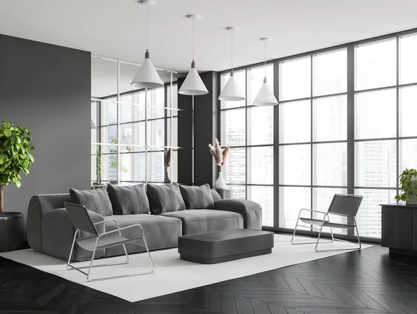 Dunkles Wohnzimmer Mit Sofa Und Zwei Sesseln Seitenblick Panoramafenster Auf — Stockfoto