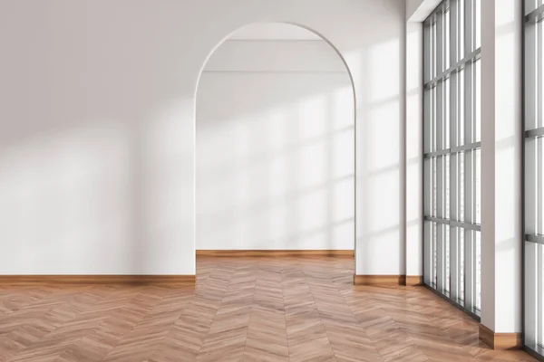 Białe Puste Studio Drewnianą Podłogą Widok Przodu Hol Apartamencie Drzwiami — Zdjęcie stockowe