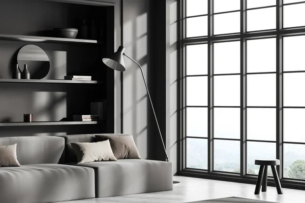 Dark Living Room Interior Sofa Stool Side View Grey Concrete — Stock Photo, Image