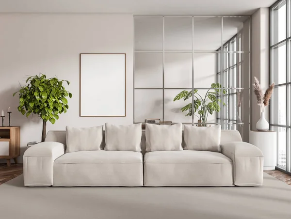 Beige Wohnzimmereinrichtung Mit Sofa Ständer Mit Dekoration Auf Teppich Hartholzboden — Stockfoto