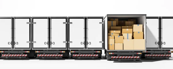 Rückansicht Eines Mit Pappkartons Gefüllten Lastwagens Isoliert Vor Weißem Hintergrund — Stockfoto