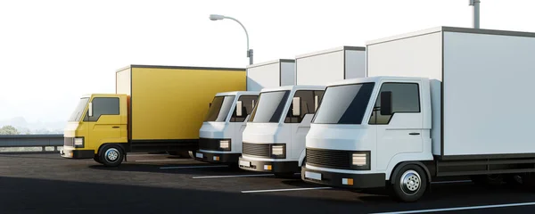 トラックの行は サイドビュー 黄色と白の配信バン駐車 配達と国際物流の概念 モックアップコピースペース 3Dレンダリング — ストック写真