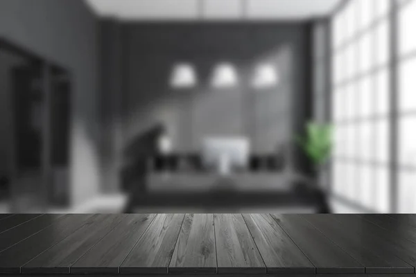 黑漆漆的写字楼内 木制桌子背景上的工作空间模糊不清 有个人电脑和全景窗的桌子 产品展示的模型 3D渲染 — 图库照片