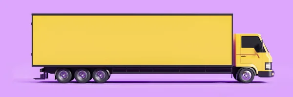 Gelber Lang Lkw Transportanhänger Auf Violettem Hintergrund Konzept Des Versands — Stockfoto
