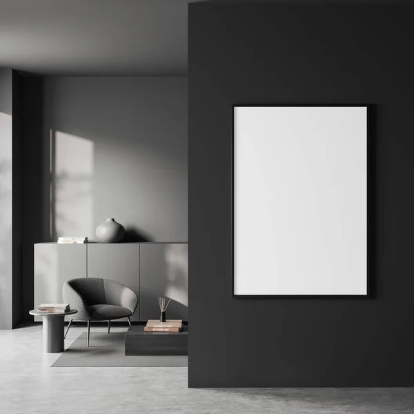 Vista Frontal Interior Sala Estar Escura Com Cartaz Branco Vazio — Fotografia de Stock