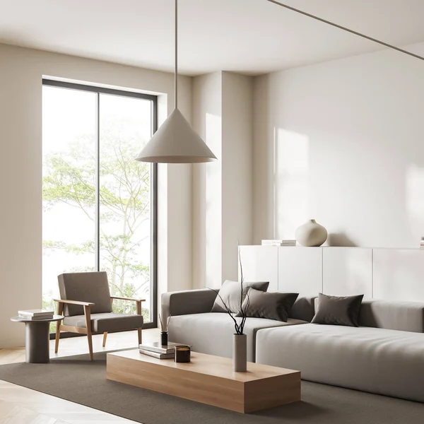 Weiße Wohnzimmereinrichtung Mit Sofa Und Sessel Seitenblick Couchtisch Und Kommode — Stockfoto