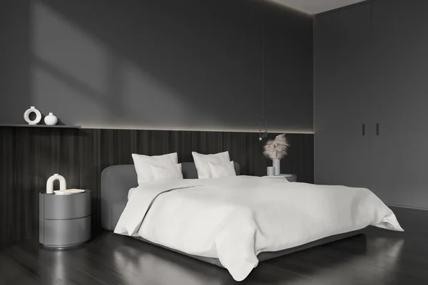 Dark Bedroom Interior Bed Nightstand Art Decoration Side View Black — Stock Photo, Image