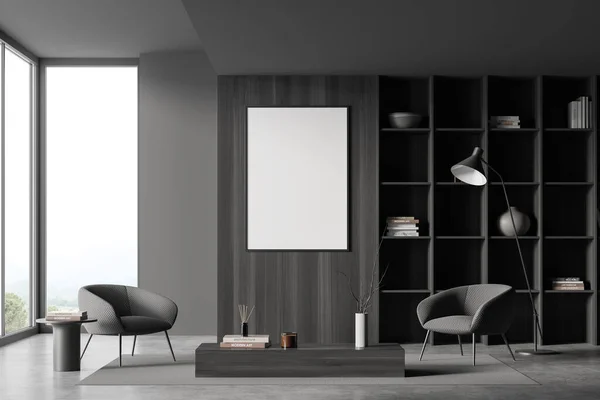 Frontansicht Auf Dunkle Wohnzimmereinrichtung Mit Leerem Weißen Poster Couchtisch Sessel — Stockfoto