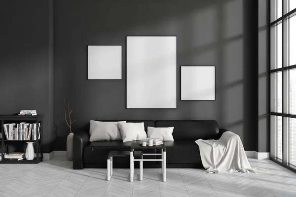 Dark Living Room Interior Three Empty White Posters Panoramic Window — Stock Photo, Image
