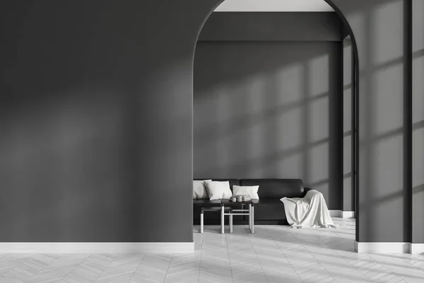 Vista Frontal Interior Sala Estar Oscura Con Pared Gris Vacía — Foto de Stock