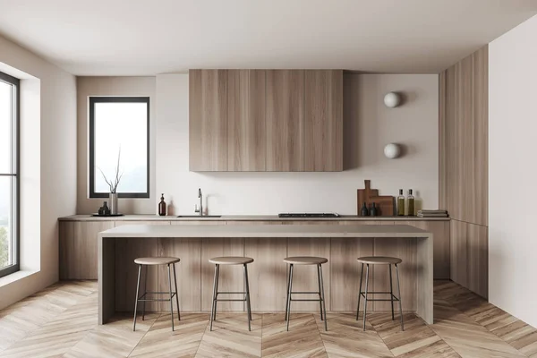 Beige Kücheneinrichtung Mit Barhocker Und Arbeitsplatte Auf Hartholzboden Geschirr Und — Stockfoto