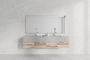 Modern banyo, beyaz taş duvarlar, beton zemin, ahşap dolapta duran büyük beyaz lavabo ve uzun ayna. 3d oluşturma