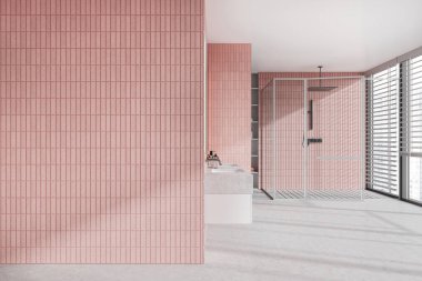 Pembe kiremit duvarlı modern banyo, cam duvarlı duş kabini, çift lavabo, panjurlu panoramik pencere ve soldaki duvar taklidi. 3d oluşturma