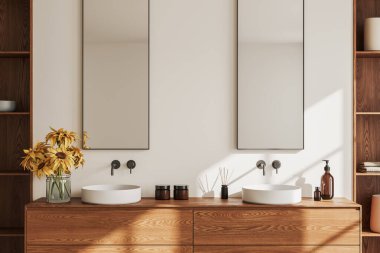 Ahşap banyo, çift lavabo, aksesuar ve çiçekli şifonyer, iki uzun ayna ve minimalist dekorasyon. Tuvaletli sıcak ev banyosu. 3B görüntüleme