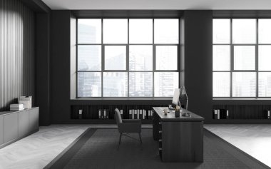 Gri ve koyu tahta duvarları, ahşap zemini, sandalyeli rahat bilgisayar masası ve klasörlü dolabı olan şık CEO ofisinin yan görüntüsü. 3d oluşturma