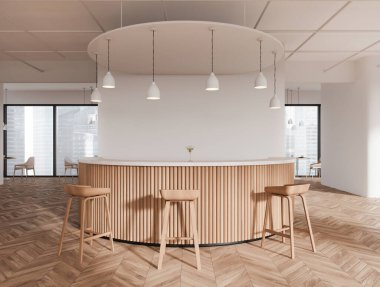 Beyaz duvarları, ahşap zemini, tabureli ahşap tezgahı ve arka planda panoramik penceresi olan şık bir barın içi. 3d oluşturma