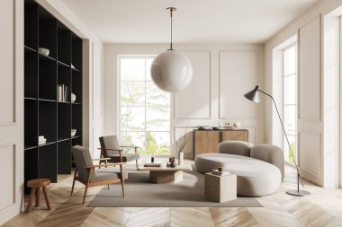 Beyaz duvarları, ahşap zemini, rahat kanepesi ve sehpanın ve siyah kitaplığın yanında duran koltukları olan modern oturma odasının içi. 3d oluşturma