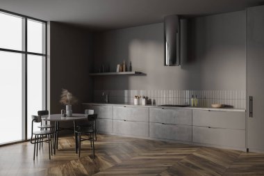 Karanlık ev mutfağı, yemek masası, yan manzara sandalyeler ve mutfak gereçleri ve dekorasyonu olan raflar. Ahşap zeminde minimalist yemek ve yemek köşesi. 3B görüntüleme