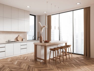 Modern mutfağın köşesinde beyaz duvarlar, ahşap zemin, panoramik pencerenin yanında duran tabureler ve lavabolu beyaz dolaplar. 3d oluşturma