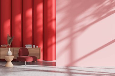 Kırmızı oturma odası. Koltuğu ve büfesi dekoratif gri beton zeminli. Modern dairede dinlenme yeri. Pembe duvarın fotokopisini çek. 3B görüntüleme