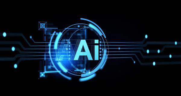 Visa Uppslukande Artificiell Intelligens Gränssnitt Över Mörkblå Bakgrund Begreppet Maskininlärning — Stockfoto