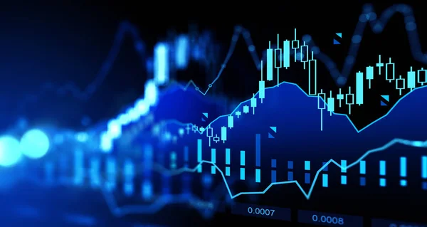 Vista Diagramas Castiçal Gráficos Financeiros Digitais Sobre Fundo Azul Escuro — Fotografia de Stock