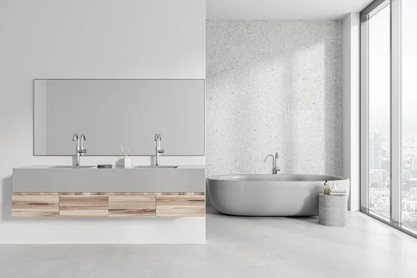 Modern Banyo Beyaz Taş Duvarlar Beton Zemin Rahat Beyaz Küvet — Stok fotoğraf