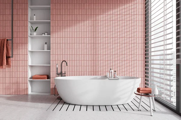 Interieur Van Moderne Badkamer Met Roze Tegelwanden Betonnen Vloer Comfortabele — Stockfoto