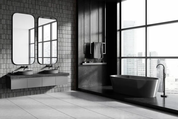콘크리트 파노라마 근처에 목욕통 싱크대가 욕실이다 렌더링 — 스톡 사진