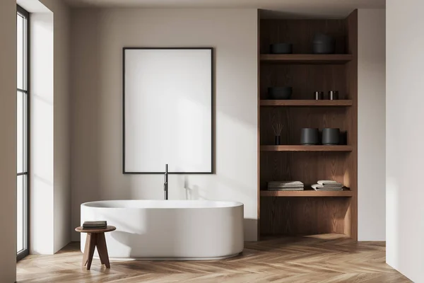 Interieur Des Modernen Badezimmers Mit Beigen Wänden Holzboden Bequemer Weißer — Stockfoto