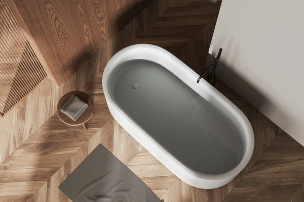 Draufsicht Auf Modernes Badezimmer Mit Beigen Und Hölzernen Wänden Holzboden — Stockfoto
