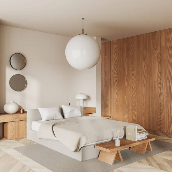 Elegante Dormitorio Cama Interior Banco Con Decoración Alfombra Suelo Madera —  Fotos de Stock