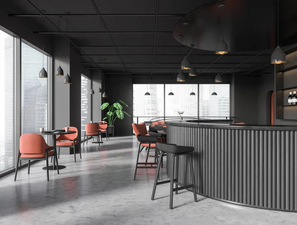 stock image Dark bar restaurant interior, stool and dining table with armchairs on grey concrete floor. Minimalist decoration and panoramic window on Singapore skyscrapers. 3D rendering