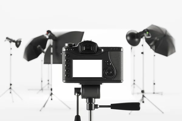 Photo Camera Studio Room Professional Equipment Cyclorama Mock Blank Display — Stock Photo, Image