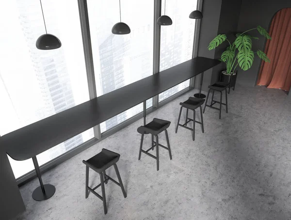 Vista Superior Interior Minimalista Café Escuro Com Cadeiras Bar Mesa — Fotografia de Stock