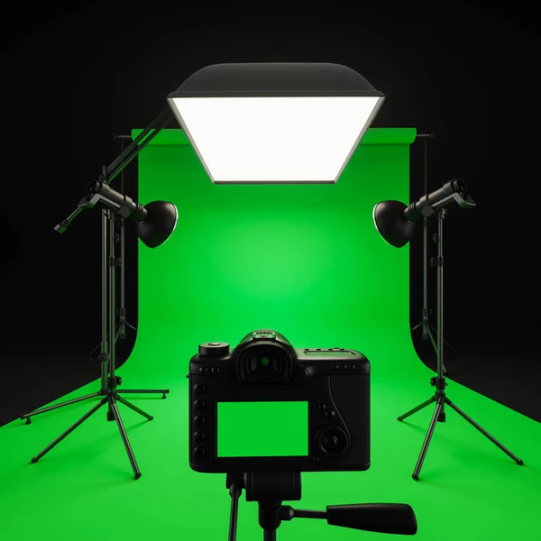 Εσωτερικό Του Στούντιο Εκπομπής Πράσινο Chromakey Οθόνη Monolights Και Κάμερα — Φωτογραφία Αρχείου
