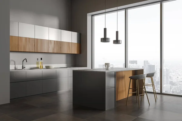 Corner Stylish Kitchen Gray Walls Tiled Floor Gray Wooden Cabinets — Stock Photo, Image