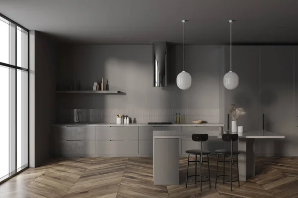 Interior Modern Minimalistic Kitchen Gray Walls Dark Wooden Floor Gray — Stock Photo, Image