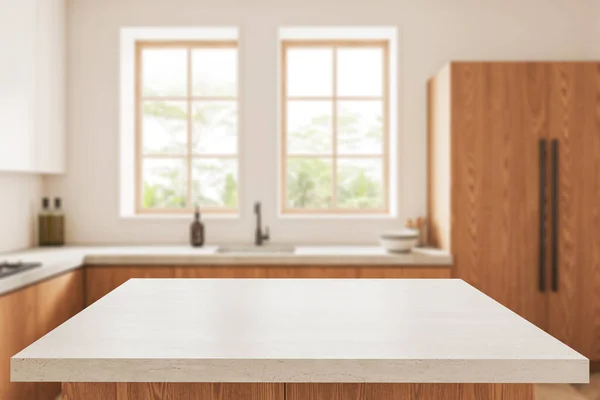 Biały Stół Dla Twojego Produktu Stojącego Zamazanej Kuchni Białymi Ścianami — Zdjęcie stockowe