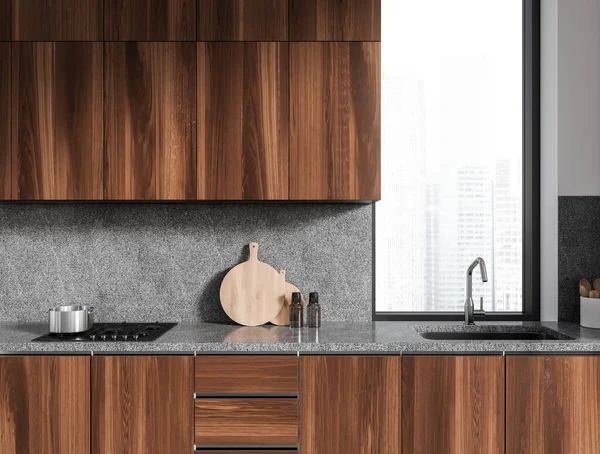 Interior Modern Kitchen Gray Walls Dark Wooden Cupboards Dark Wooden — Stock Photo, Image