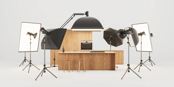 Photo Video Production Modern Home Kitchen Studio Bar Island Wooden — Stock Photo, Image
