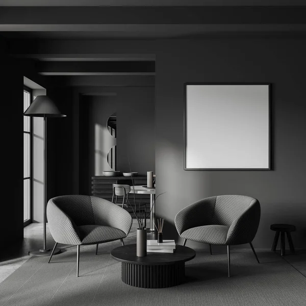 Interior Sala Estar Escura Com Poltronas Mesa Café Tapete Simular — Fotografia de Stock